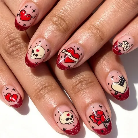 Short Oval Press On Nails Vintage American Tattoo Style Rose Heart Skull Dagger Pattern Pink Red Glossy False Nails For Women