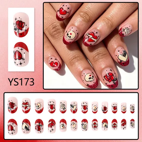 Short Oval Press On Nails Vintage American Tattoo Style Rose Heart Skull Dagger Pattern Pink Red Glossy False Nails For Women