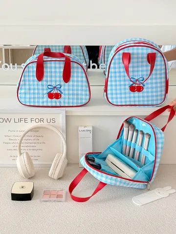 Checkered Cherry Embroidered Makeup Bag Large Capacity Portable Handheld Cosmetic Bag Multi-Functional Travel Toiletry Storage Organizer