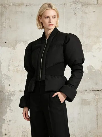 Women Slim Fit Puffer Jacket Flare Sleeve Stand Collar Solid Color Quilted Cotton Padded Coat For Winter Elegant Commuting Outerwear