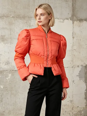 Women Slim Fit Puffer Jacket Flare Sleeve Stand Collar Solid Color Quilted Cotton Padded Coat For Winter Elegant Commuting Outerwear
