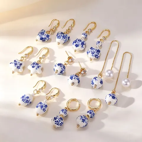 New Chinese Style Blue And White Porcelain Dangle Earrings Stainless Steel Ceramic Rhinestone Artificial Pearl Jewelry