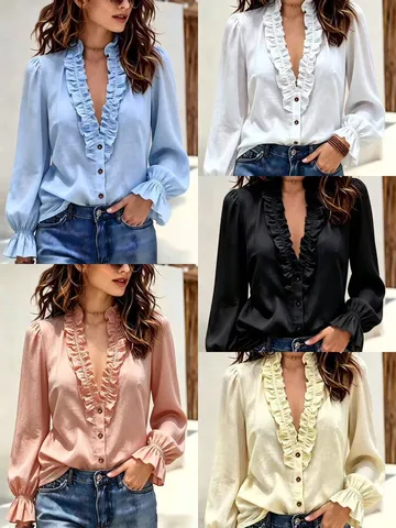 Women French Style V-Neck Ruffle Long Sleeve Blouse Elegant Solid Color Woven Polyester Shirt Casual Fashion Tops For Ladies