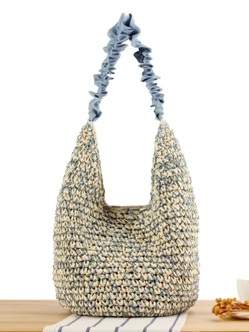 Women Woven Ruffled Strap Straw Shoulder Bag Handmade Paper Rope Mixed Silk Thread Beach Vacation Casual Tote Bag