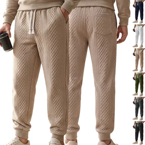 Men's Joggers Jacquard Texture Casual Sweatpants Drawstring Elastic Waist Cuffed Ankles Sporty Trousers