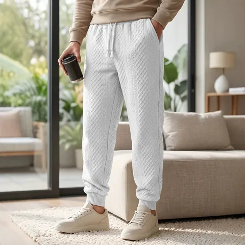 Men's Joggers Jacquard Texture Casual Sweatpants Drawstring Elastic Waist Cuffed Ankles Sporty Trousers