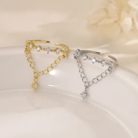 Stern Anhänger Kette Offener Ring Kupfer Zirkonia Doppelstöckig Verstellbar Minimalistischer Schmuck Damen
