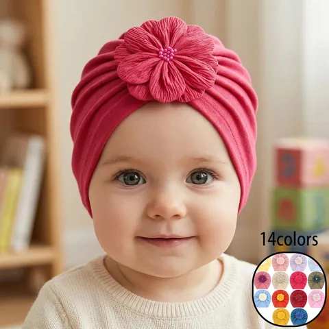 Soft Milk Silk Infant Turban Hat With Large Flower And Faux Artificial Pearl Baby Girls Pleated Beanie Toddler Headwrap Photo Prop