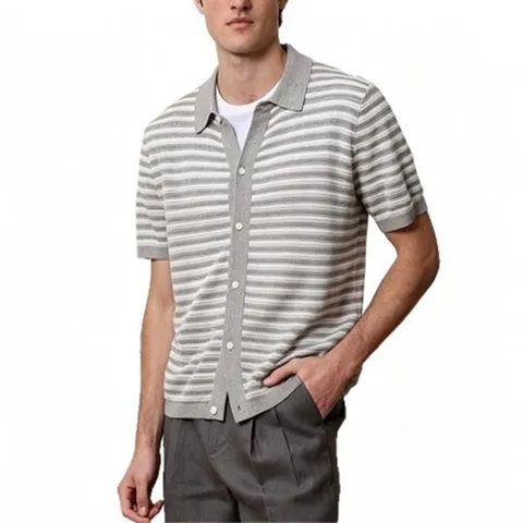 Men Summer Casual Viscose Hollow Out Knit Polo Shirt Short Sleeve Striped Jacquard Knitwear Breathable Fashion Top For Men