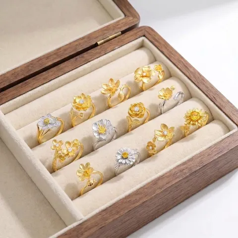 Original Design 925 Sterling Silver Adjustable Open Ring Hand Brushed Flower Zirconia Inlaid Botanical Jewelry For Women