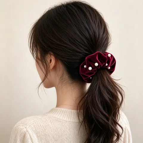 Vintage Velvet Scrunchies With Faux Artificial Pearl Decorative Women Large Hair Ties Elegant Solid Color Elastic Hair Bands Daily Party