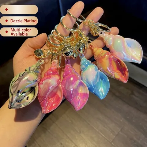 Creative Electroplated Acrylic Conch Keychain Colorful Iridescent Seashell Bag Pendant With Bell Cute Marine Style Key Ring For Women Girls Gift