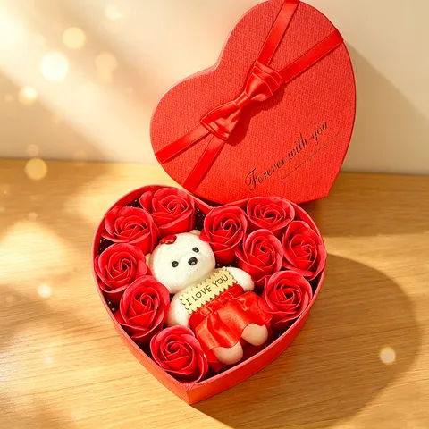 Boîte Cadeau Romantique en Cœur Rose Fleur de Savon Avec Nœud Ours en Peluche Pour Petite Amie Saint Valentin Anniversaire