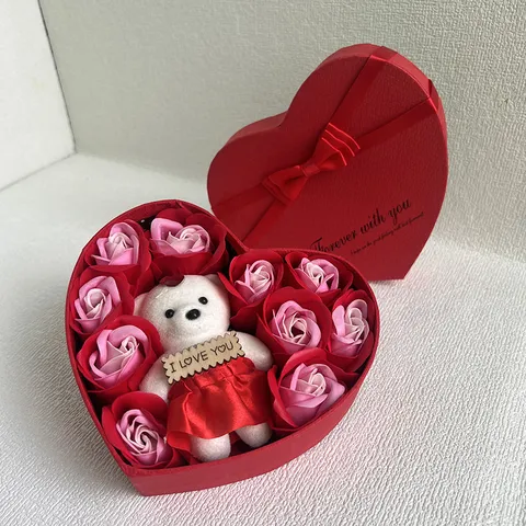 Boîte Cadeau Romantique en Cœur Rose Fleur de Savon Avec Nœud Ours en Peluche Pour Petite Amie Saint Valentin Anniversaire