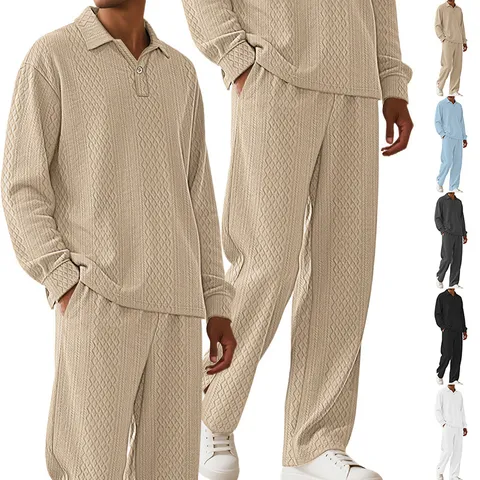 Men Waffle Knit Polo Top And Pants Casual Loungewear Textured Jacquard Long Sleeve Solid Color Lapel Home Wear