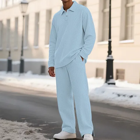 Men Waffle Knit Polo Top And Pants Casual Loungewear Textured Jacquard Long Sleeve Solid Color Lapel Home Wear