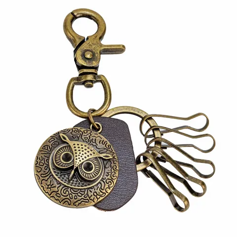 Vintage Leather Alloy Owl Keychain Engraved Flower Pattern Pendant Keyring For Car Backpack Purse Decorative Accessories Gifts