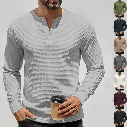 Men Retro Long Sleeve Henley Shirt Waffle Jacquard Texture Slim Fit Heavyweight Polyester Casual Sweatshirt Base Layer Top