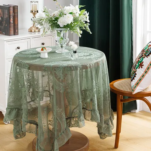 Elegant Lace Tablecloth Floral Hollow Out Ruffle Edge French Style Dustproof Table Cover For Dining Coffee Table Decor