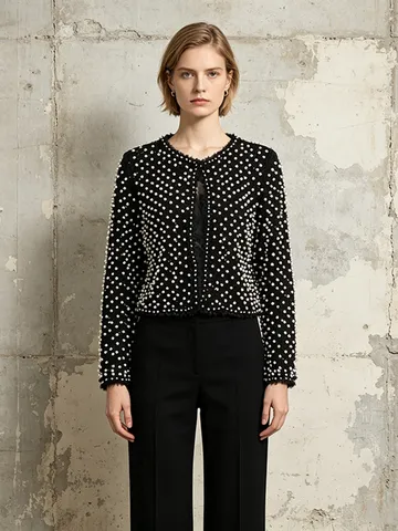 Women Elegant Heavy Industry Beaded Blazer Slim Fit Round Neck Sequin Artificial Pearl Short Jacket Formal Party Top Coat