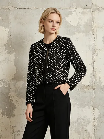 Women Elegant Heavy Industry Beaded Blazer Slim Fit Round Neck Sequin Artificial Pearl Short Jacket Formal Party Top Coat