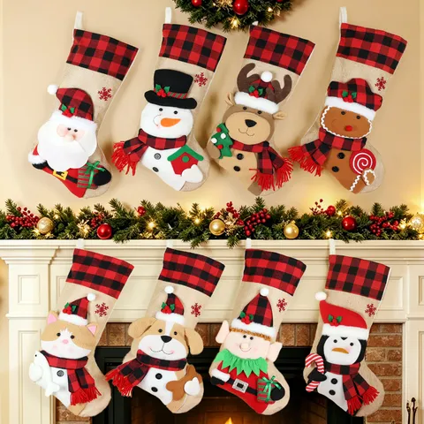 Calcetines De Navidad Arpillera Buffalo Plaid 3D Papá Noel Muñeco De Nieve Reno Decoración Chimenea Fiesta