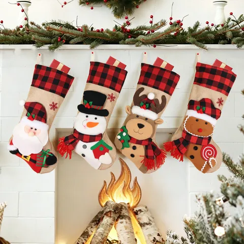 Calcetines De Navidad Arpillera Buffalo Plaid 3D Papá Noel Muñeco De Nieve Reno Decoración Chimenea Fiesta