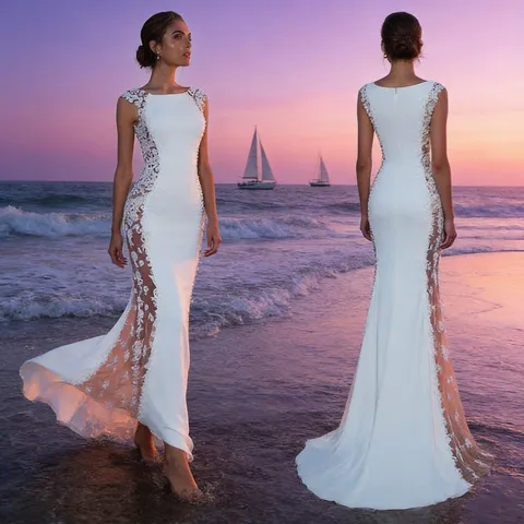 Vestido Maxi Sexy para Mujer con Empalme de Encaje y Huecos Sin Mangas Cuello Redondo Corte Entallado Blanco Vestido de Fiesta Elegante Resort Wear