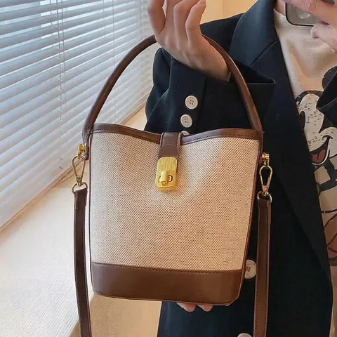 Γυναικεία Vintage Τσάντα Bucket Από Καμβά Και Δέρμα PU Color Block Μονή Λαβή Χρυσή Κλειδαριά Casual Ώμου
