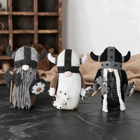 Handmade Viking Gnome Doll Nordic Gladiator Warrior Figurine With Horned Helmet Shield Axe Felt Plush Desktop Ornament