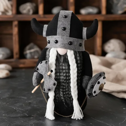 Handmade Viking Gnome Doll Nordic Gladiator Warrior Figurine With Horned Helmet Shield Axe Felt Plush Desktop Ornament