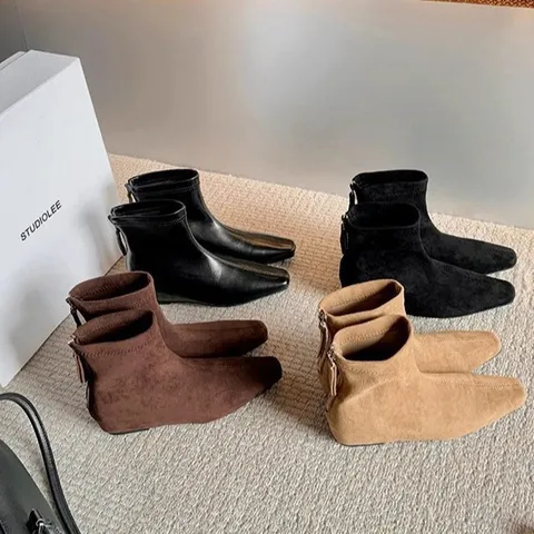 Women Minimalist Genuine Leather Boots Square Toe Inner Heightened Back Zipper Mid-Calf Ankle Boots Casual Autumn Winter Shoes