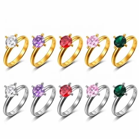 Anello Solitario Acciaio Inossidabile Zirconia Taglio Rotondo Incastonatura 4 Griffe Gioielli Di Moda Per Donna