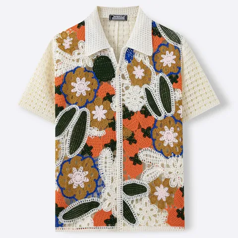 Polo de Punto para Hombre de Crochet Hecho a Mano Calado Jacquard Floral Étnico Cárdigan de Manga Corta Casual de Verano
