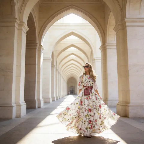 Vestito Lungo Maxi da Donna a Stampa Floreale Bohemien Girocollo Manica a 3/4 Orlo Svasato Con Cintura e Marsupio per Vacanza Casual