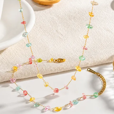 Natural Colorful Crushed Stone Beaded Necklace Bracelet Stainless Steel 18K Gold Plated For Women Boho Jewelry