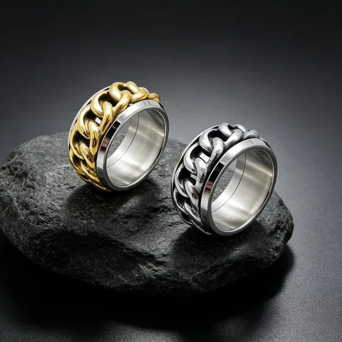 Men's Stainless Steel Chain Link Spinner Ring Vintage Industrial Punk Style Rotatable Stress Relief Jewelry Accessory