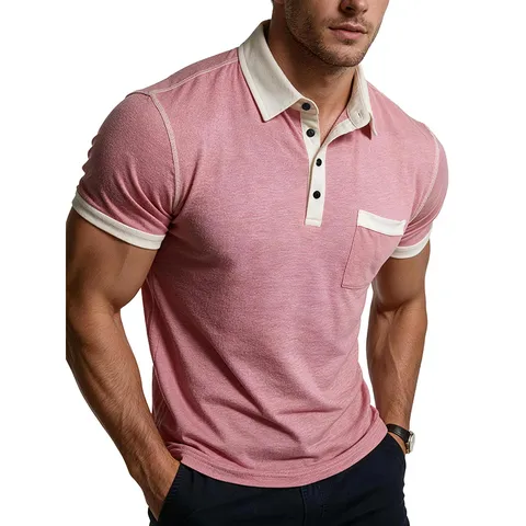 Men Casual Short Sleeve Henley Polo Shirt Color Block Patchwork Breathable Knit Top With Chest Pocket For Summer