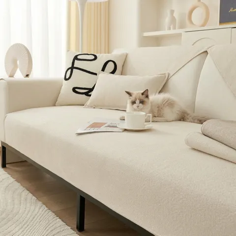 Solid Color Teddy Velvet Sofa Mat Waterproof Urine-Proof Anti-Slip Sofa Cover Protector For Living Room Minimalist Non-Slip Couch Cushion Anti-Cat Scratch Couch Cover Towel