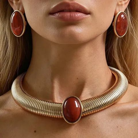 Collar Gargantilla Vintage Cadena de Serpiente Ancha Piedra Ovalada Personalizada Joyería Punk de Metal para Mujer