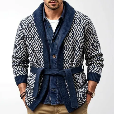 Men Retro Argyle Jacquard Knit Cardigan Shawl Collar Loose Thick Belted Sweater Jacket Top