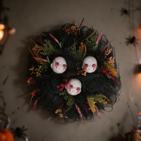 Halloween Horror Wreath With Bloody Baby Heads Black Mesh Spiders Gothic Creepy Front Door Wall Party Decoration