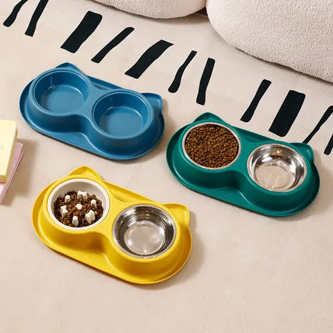 Große Kapazität Edelstahl Doppelnapf Katzenohrenform Rutschfest Auslaufsicher Hund Katze Futter Wasserspender Futterstation