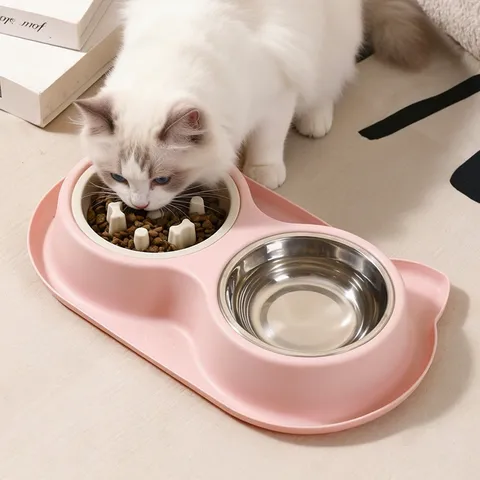 Große Kapazität Edelstahl Doppelnapf Katzenohrenform Rutschfest Auslaufsicher Hund Katze Futter Wasserspender Futterstation