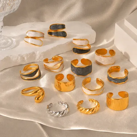 Vintage Stainless Steel Adjustable Open Ring For Women Irregular Wave Gold Plated Enamel Drip Oil Artistic Finger Ring Jewelry