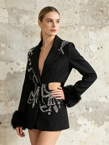 Women Heavy Industry Rhinestone Cut-out Blazer Elegant One Button Faux Fur Trim Suit Jacket Luxury Socialite Style Top