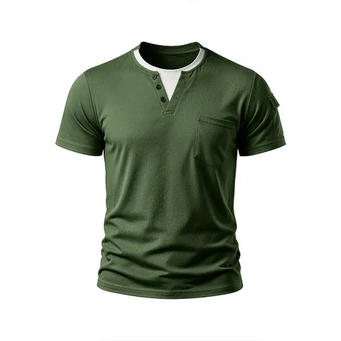 Men's American Style Faux Two-Piece Henley T-Shirt Solid Color Short Sleeve Top With Chest Pocket Casual Polyester Tee