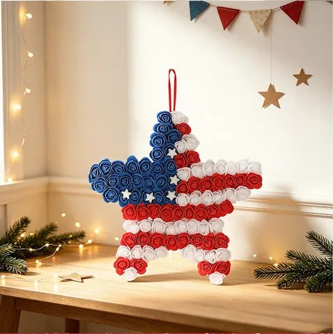 Independence Day Star Wreath Red White Blue Patriotic American Flag Style Foam Rose Door Wall Hanging Fourth Of July Celebration Decor