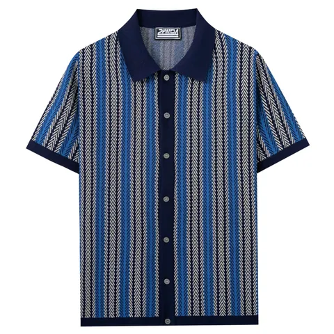 Men's Vintage Striped Jacquard Knitted Polo Shirt Casual Business Button Down Cardigan Short Sleeve Summer Top For Men