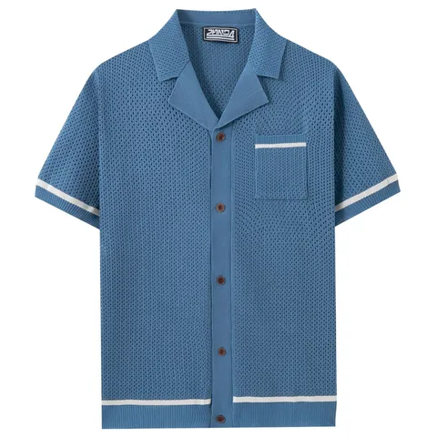 Men Casual Viscose Hollow Out Knitted Polo Shirt Cuban Collar Short Sleeve Top Button Down Cardigan Contrast Stripes Shirt